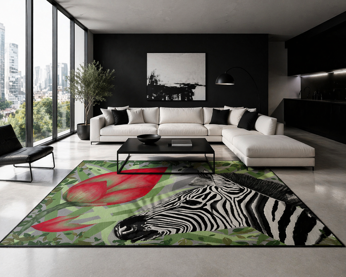 Living room with a rug featuring a zebra and pink flower design.