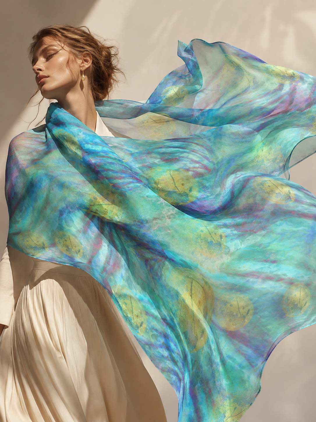 The product is not silk. It must say: “Woman wearing a 50 × 50-inch MoirisArt poly chiffon scarf featuring original blue botanical artwork