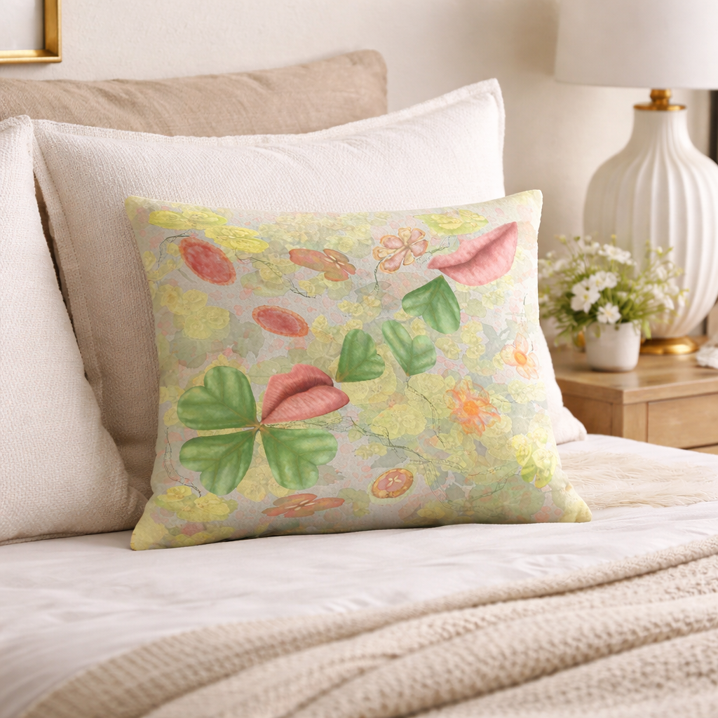 Decorative pillow with floral pattern on a bed in a bedroom setting
