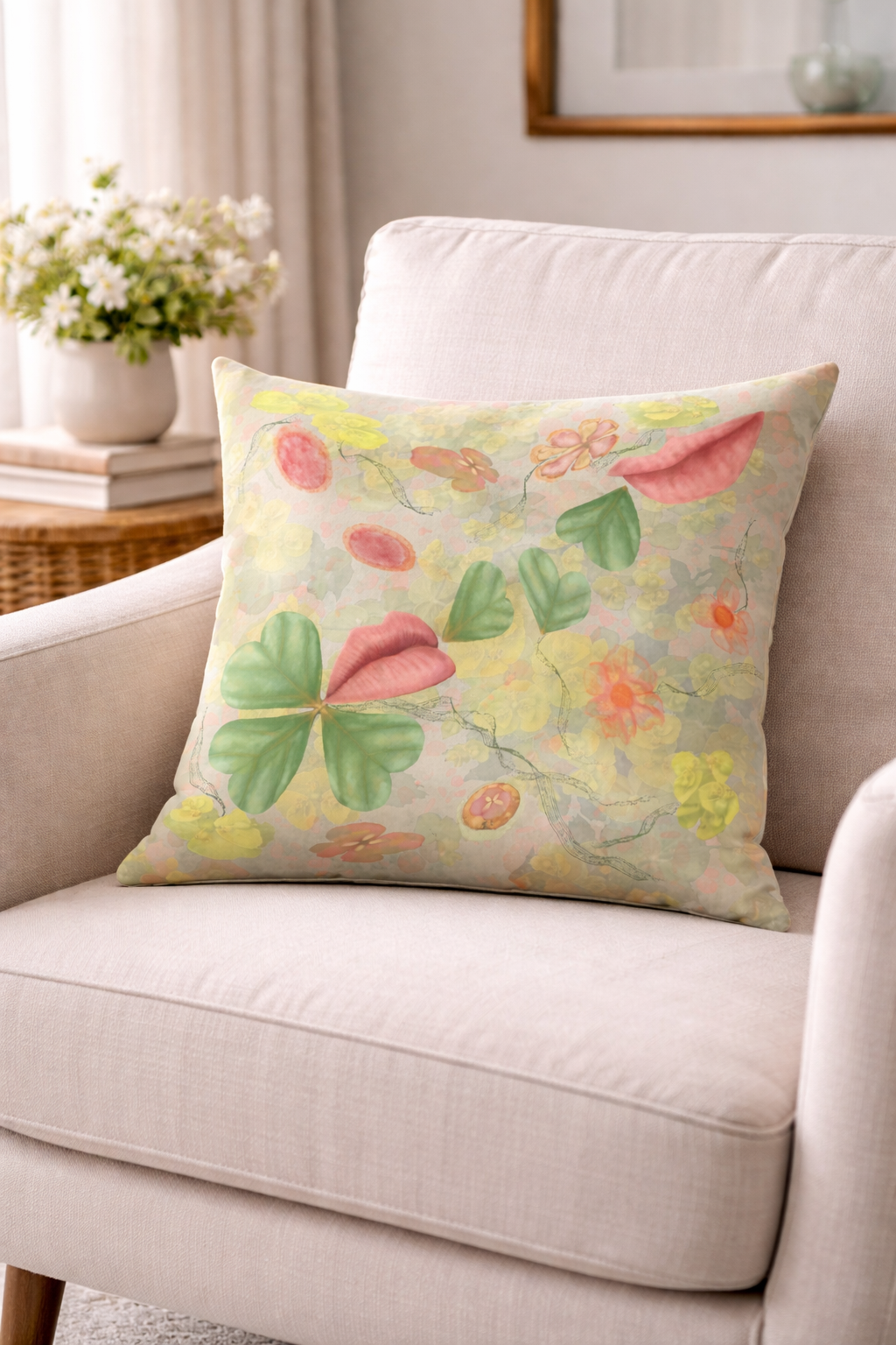 Botanical Throw Pillow Cover: Blush Hearts Romantic Floral Accent Cushion