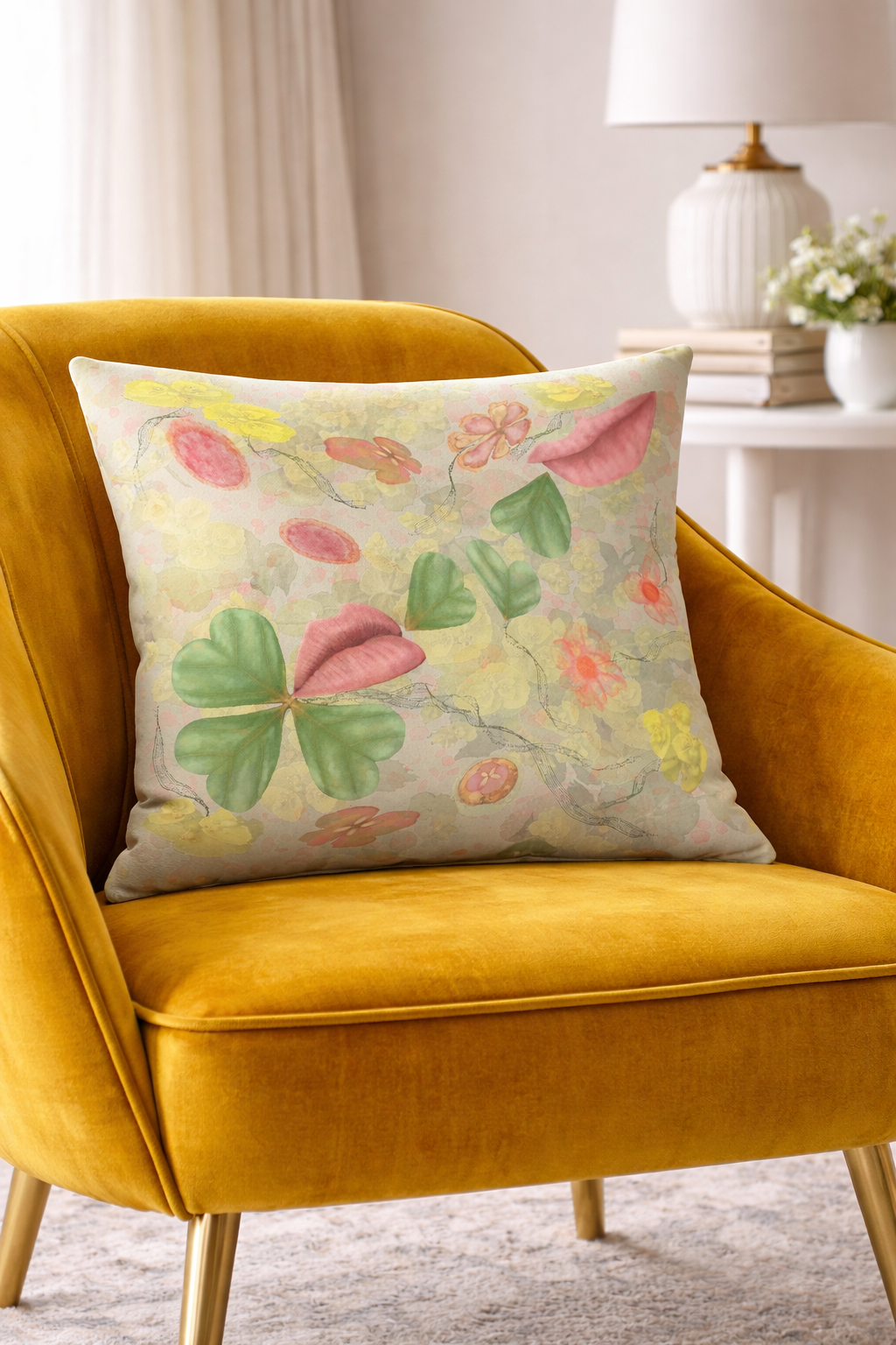 Floral-patterned pillow on a yellow armchair in a room setting.