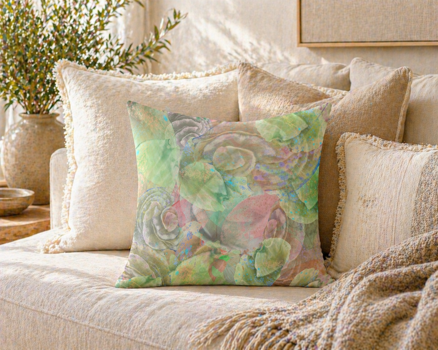 Botanical Throw Pillow Cover: Spring Is Coming Sage Green Accent Cushion