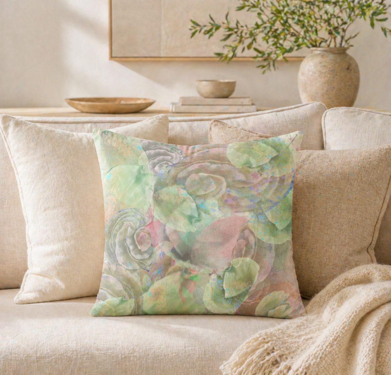 MoirisArt green watercolor floral throw pillow
