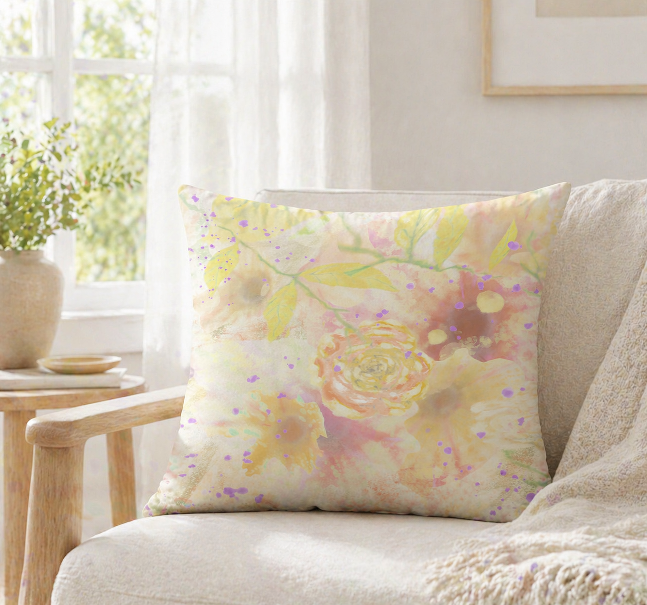 MoirisArt yellow floral watercolor throw pillow
