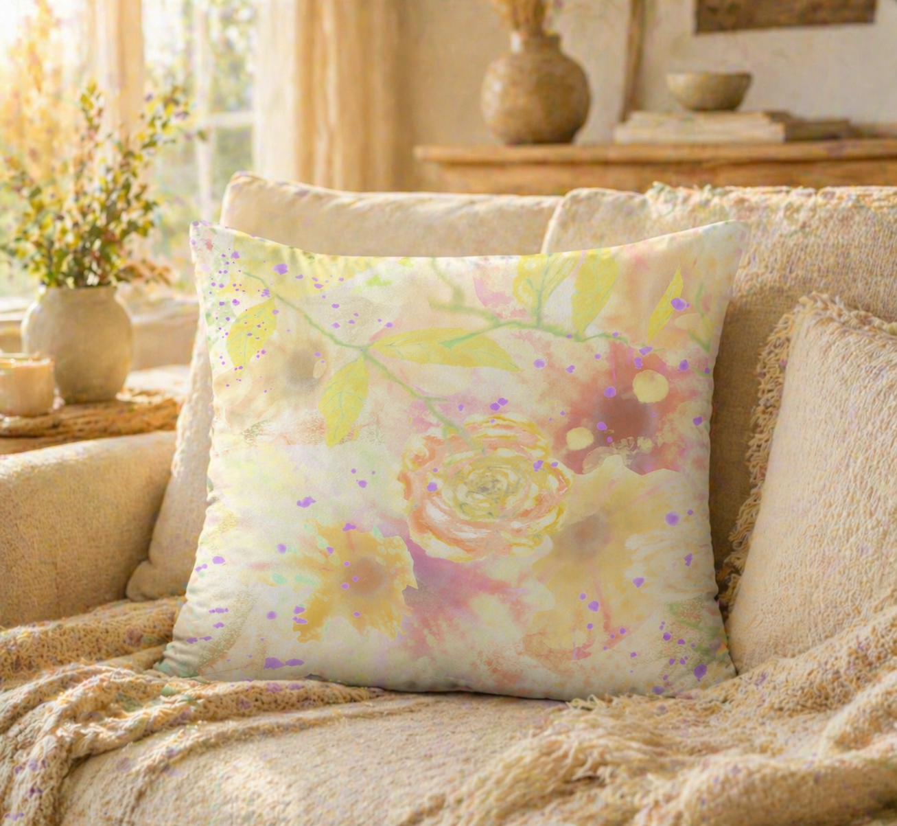 Decorative pillow with floral pattern on a beige couch in a cozy living room.