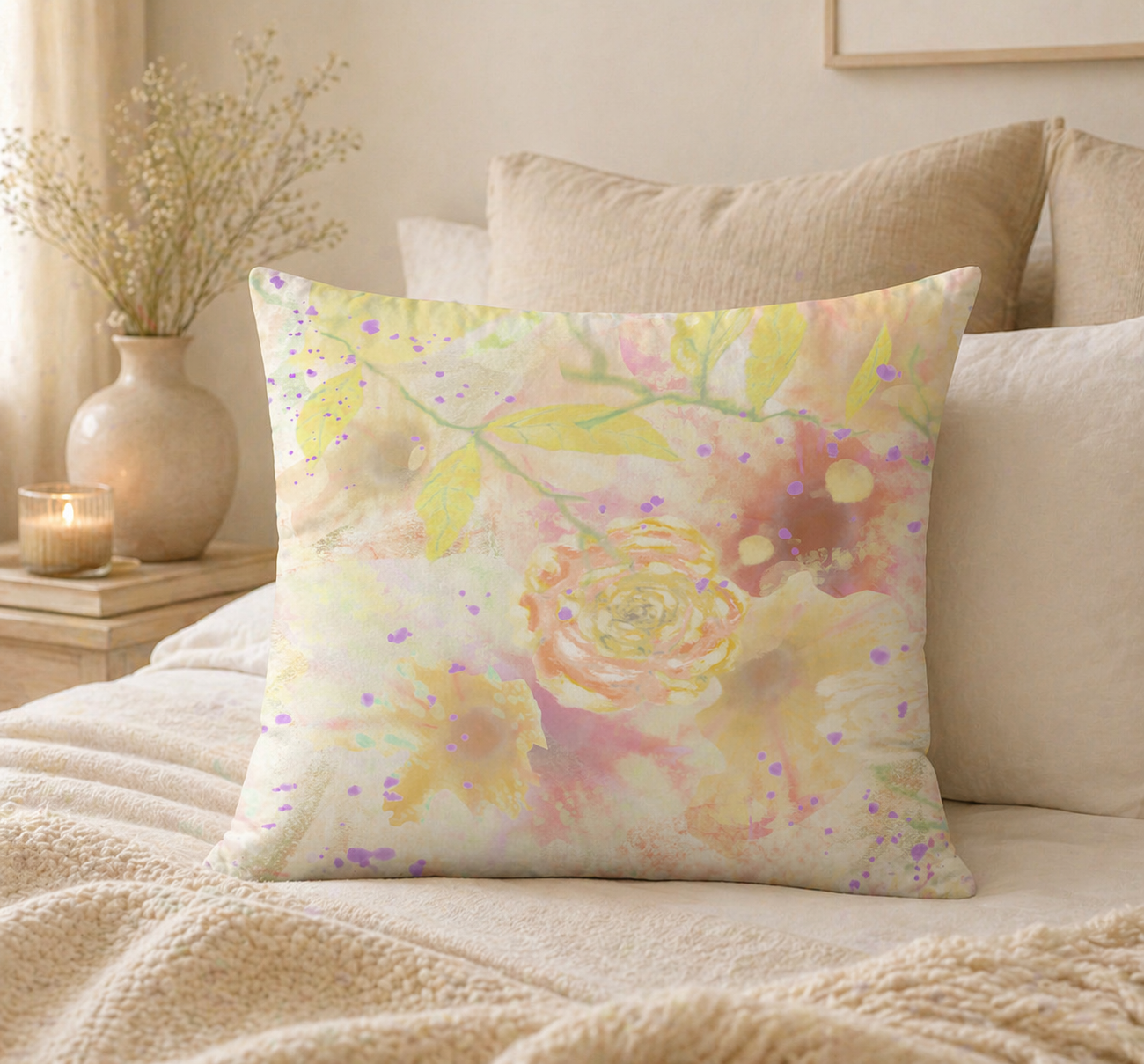 Floral pillow on a bed with a soft, warm color palette