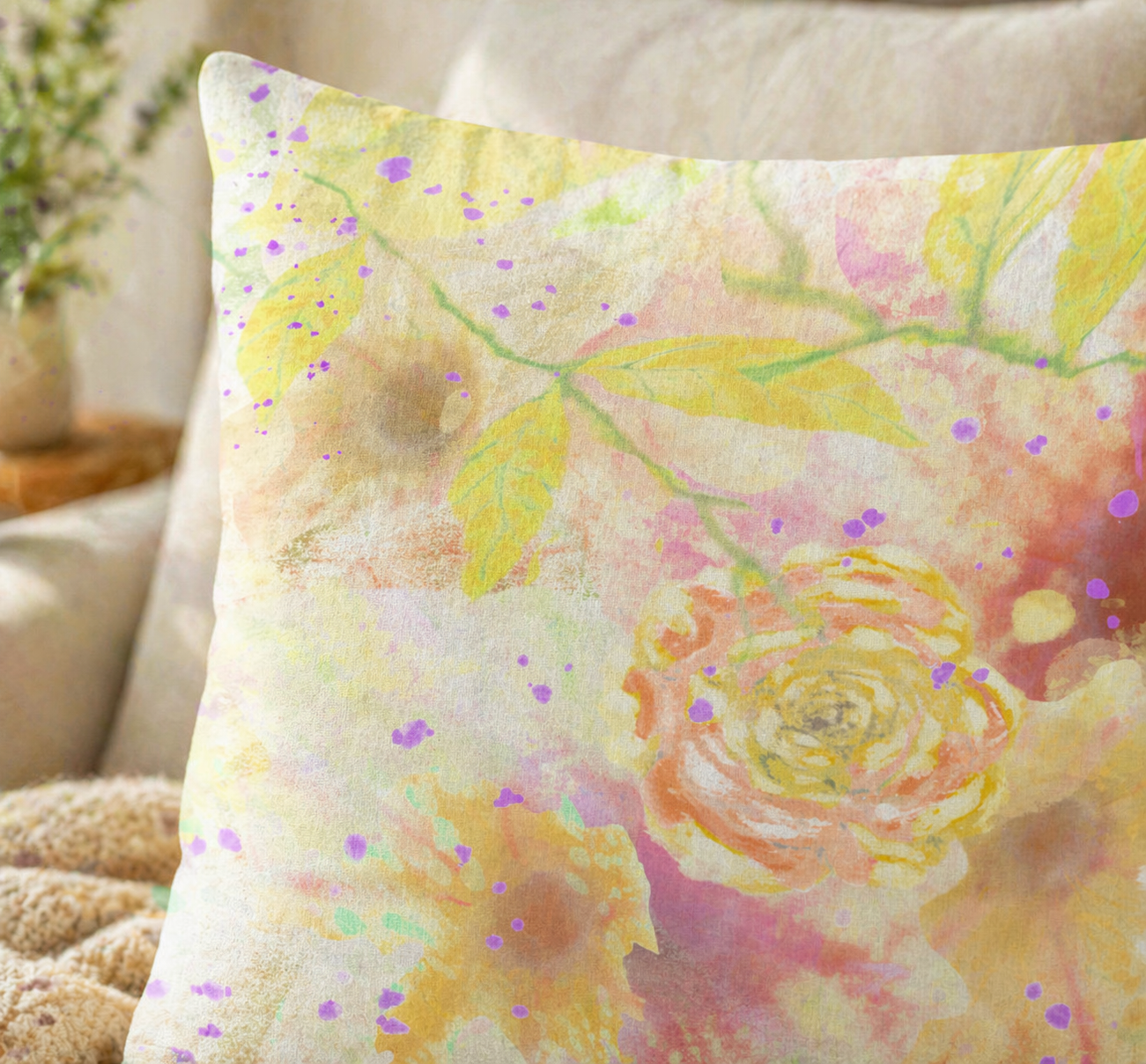 Yellow Rose Throw Pillow Cover: Botanical Floral Accent Cushion