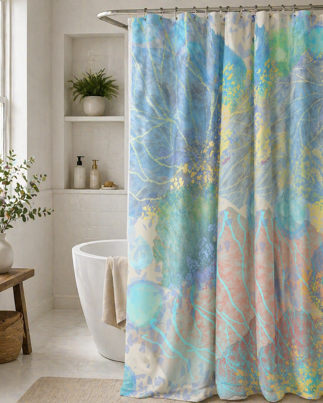 MoirisArt shower curtain featuring original blue botanical artwork hung in a modern bathroom.