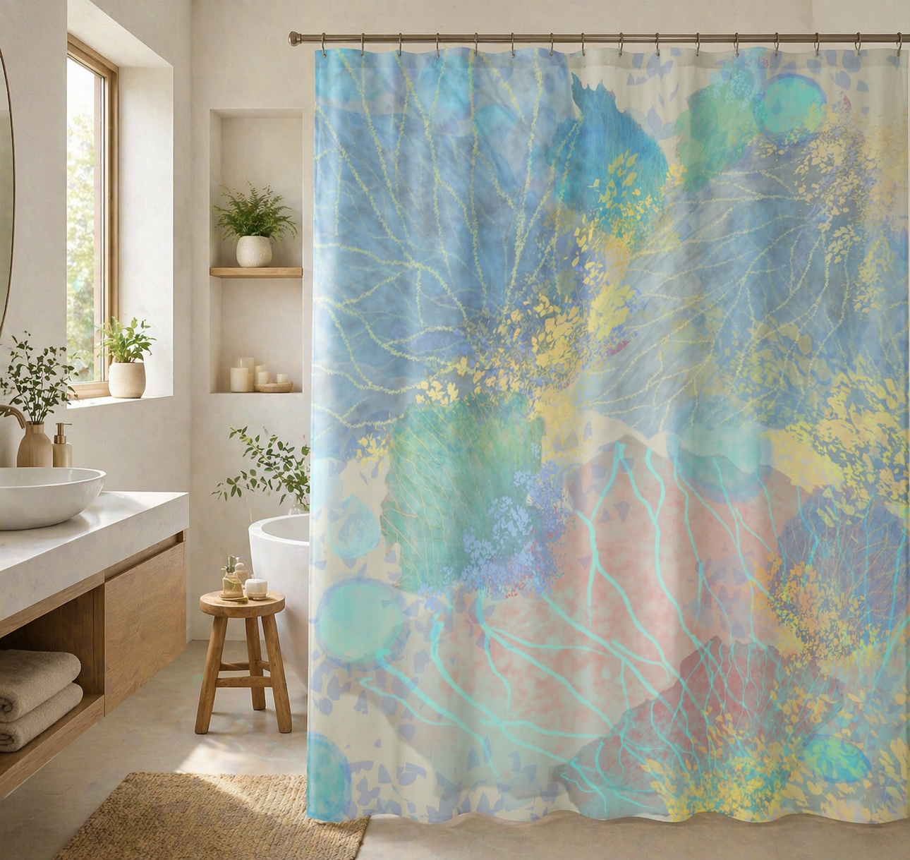 Shower curtain with abstract blue and yellow design in a bathroom setting