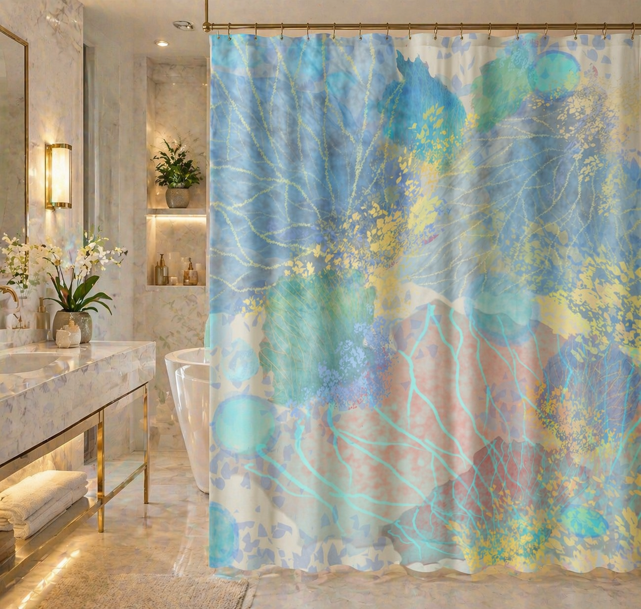 MoirisArt botanical artwork printed shower curtain hanging in a luxury marble bathroom.