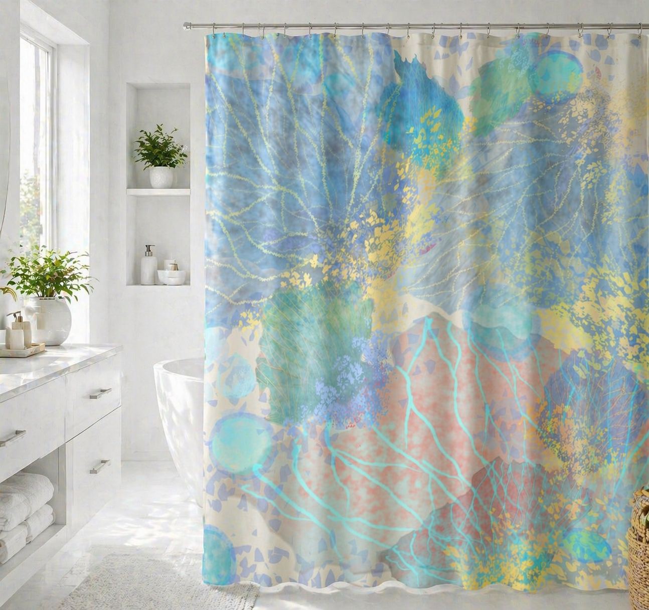 MoirisArt abstract blue and yellow watercolor shower curtain