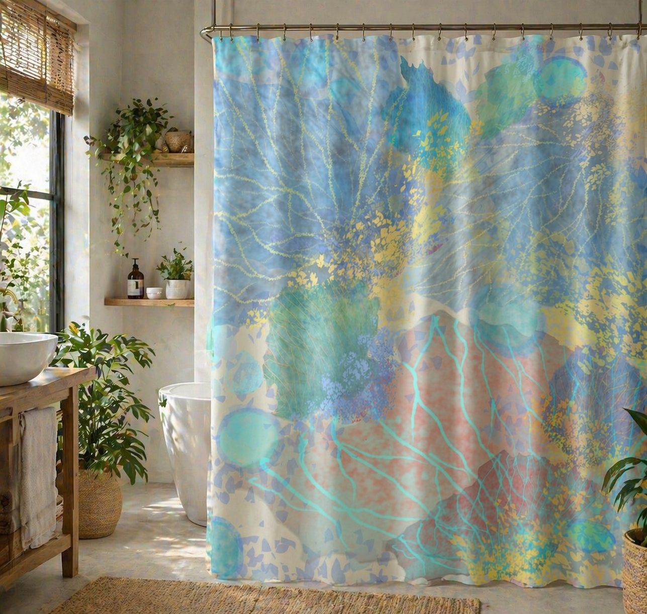 MoirisArt shower curtain featuring blue botanical artwork displayed in a bathroom setting.