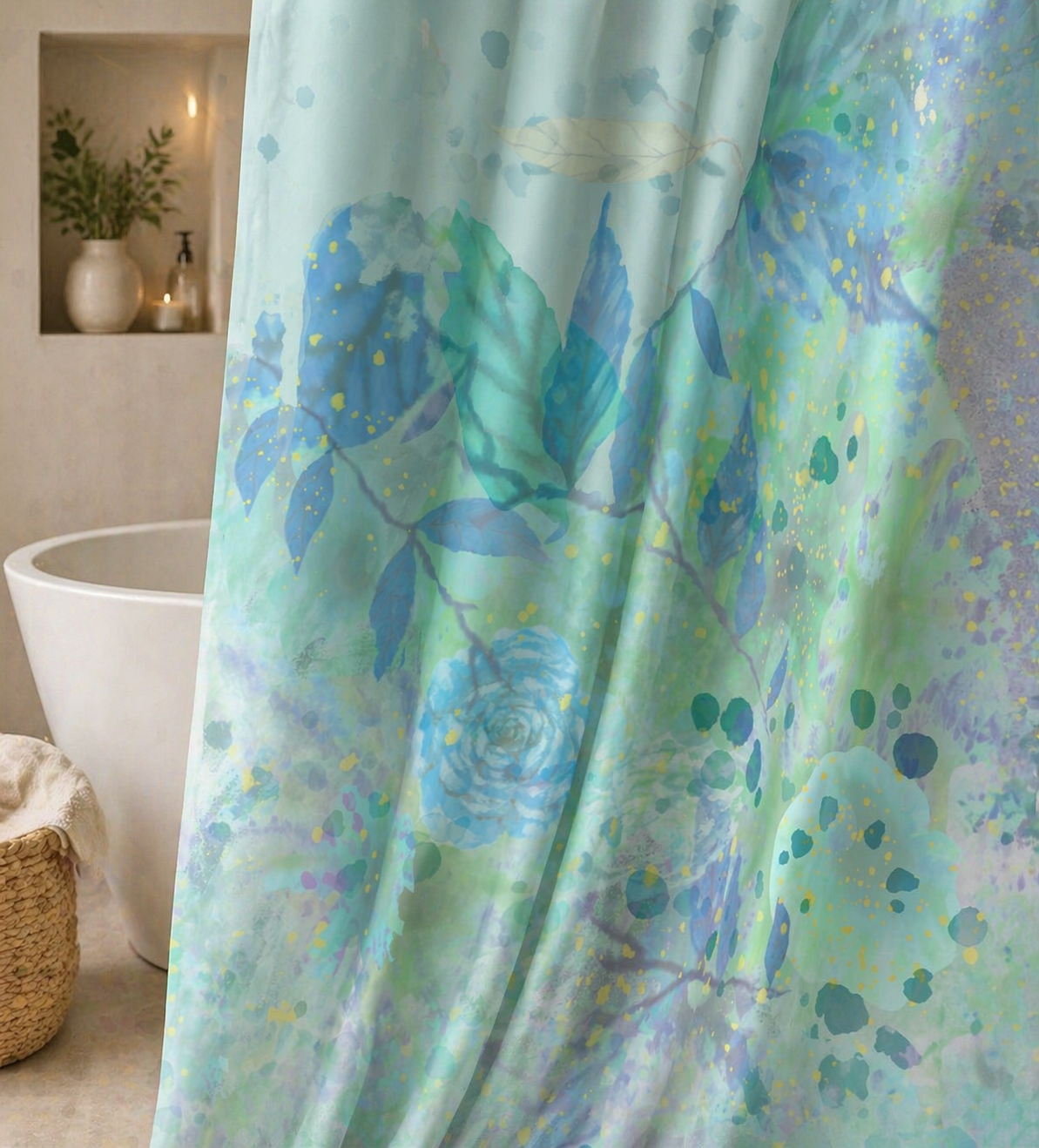 Shower curtain with floral design in a bathroom setting