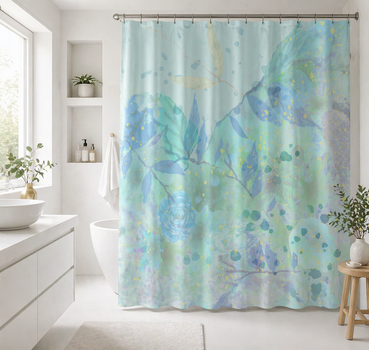 Shower curtain with floral design in a bathroom setting
