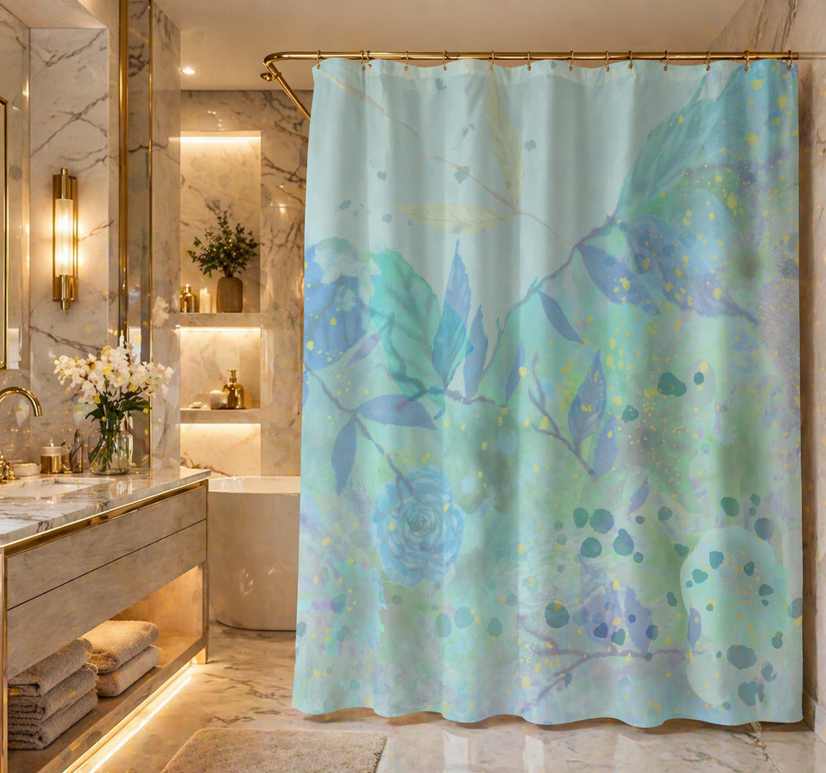 Bathroom with a floral shower curtain, sink, and mirror.