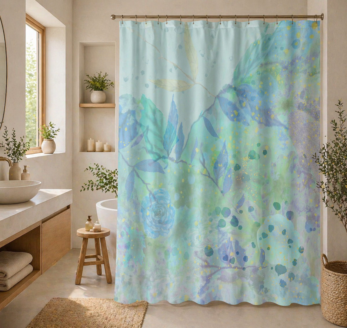 Bathroom with a floral shower curtain, sink, and plants.