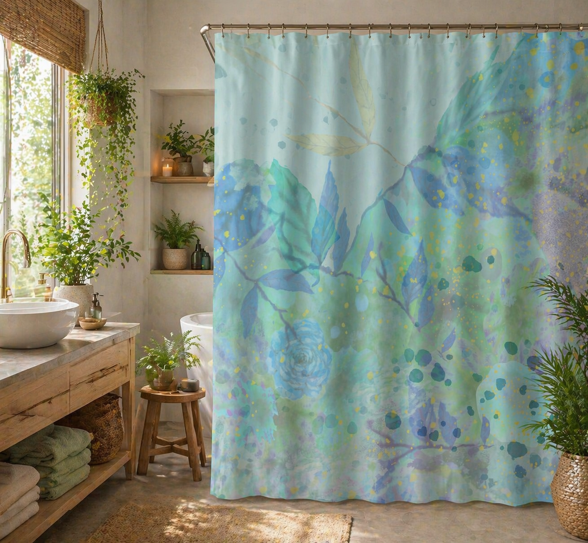 MoirisArt blue and green floral shower curtain