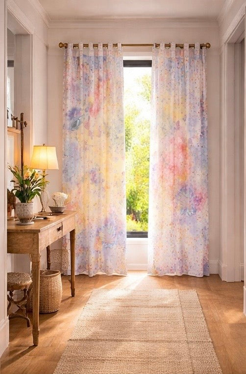 Room with floral curtains, desk, and lamp