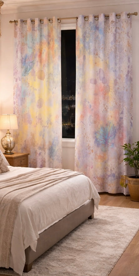 Bedroom with floral curtains and a lamp.