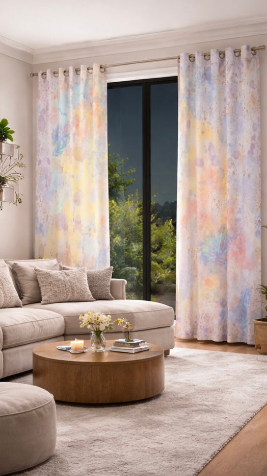 Living room with a sectional sofa, coffee table, and colorful abstract curtains.