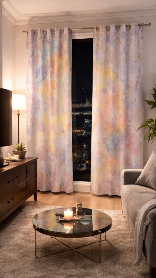 Living room with abstract patterned curtains, round coffee table, and cityscape view.