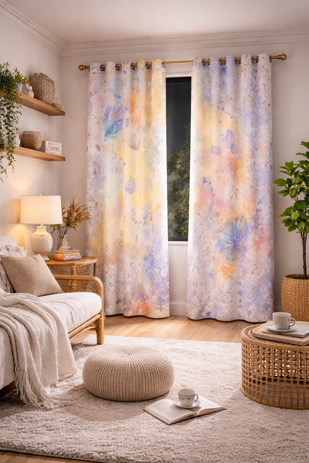 Living room with floral curtains, a sofa, and a coffee table.
