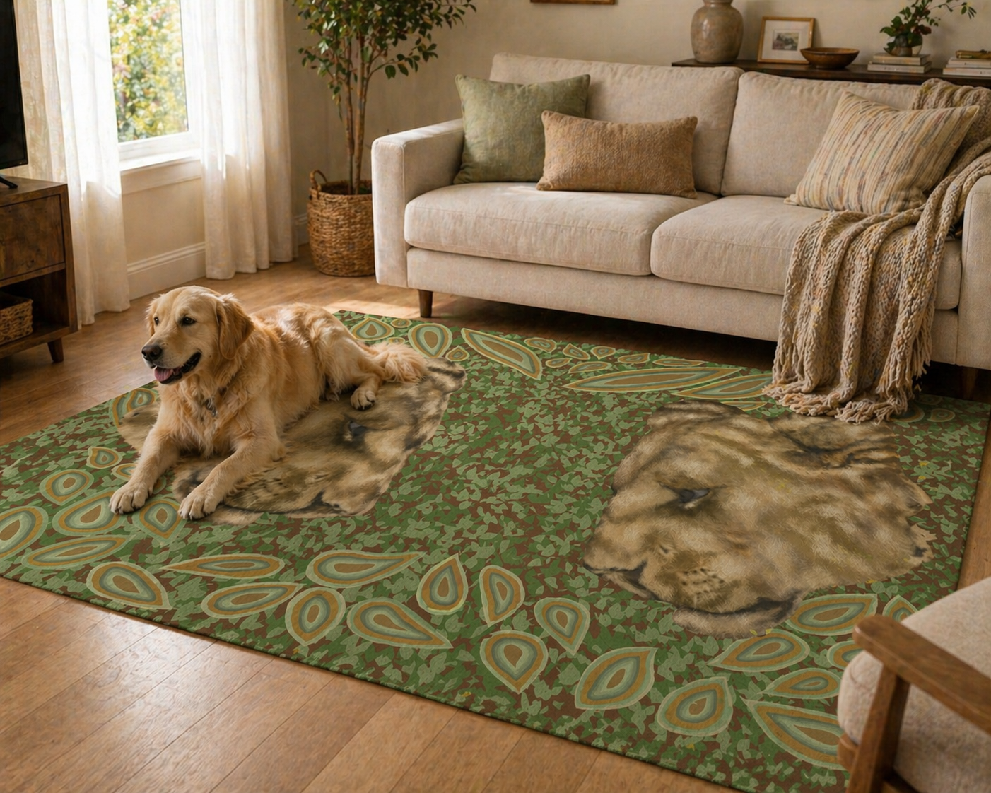 Dog sitting on a rug with lion design in a living room