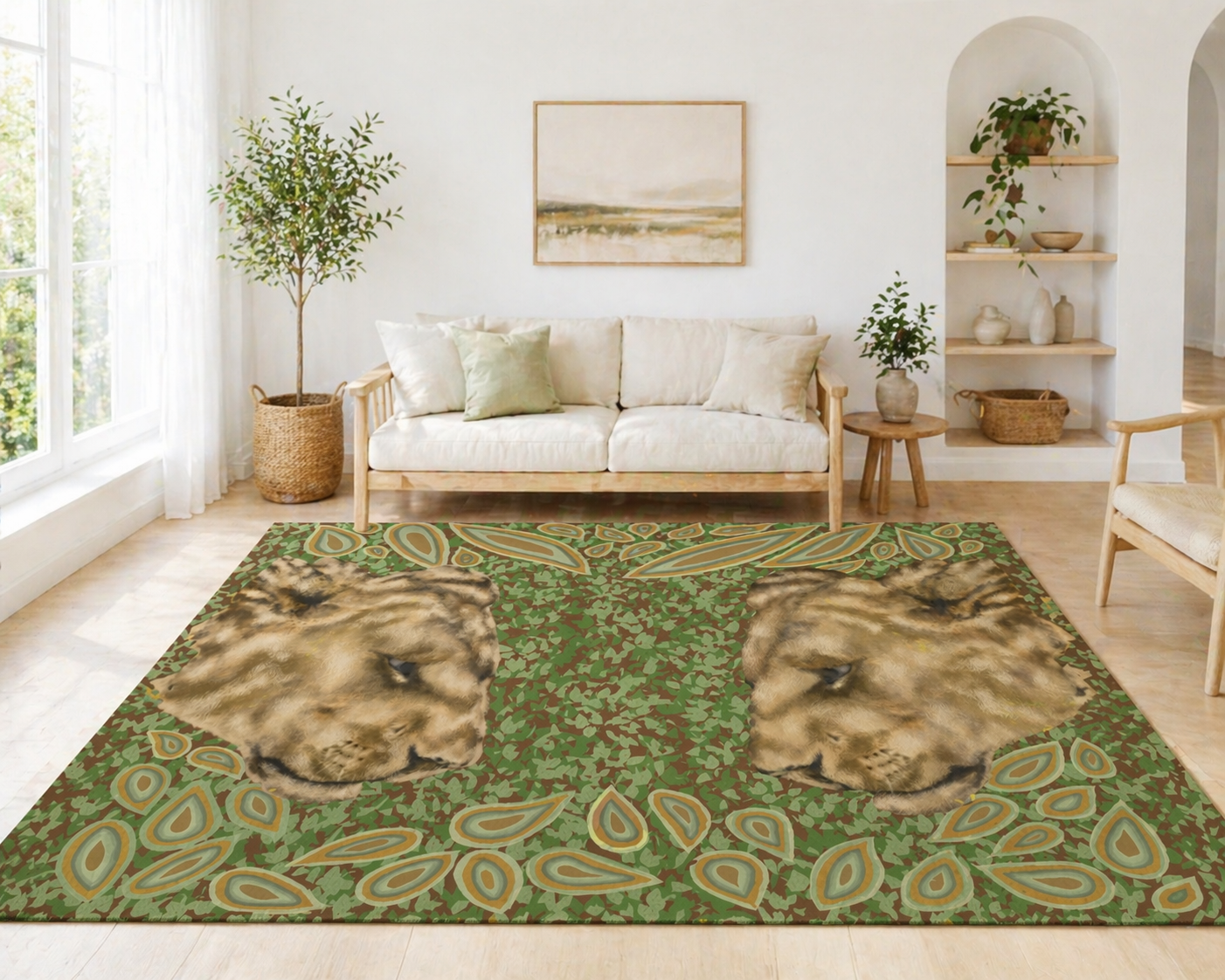 Living room with a large rug featuring lion designs, a beige sofa, and decorative elements.