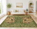 Living room with a large rug featuring lion designs, a beige sofa, and decorative elements.