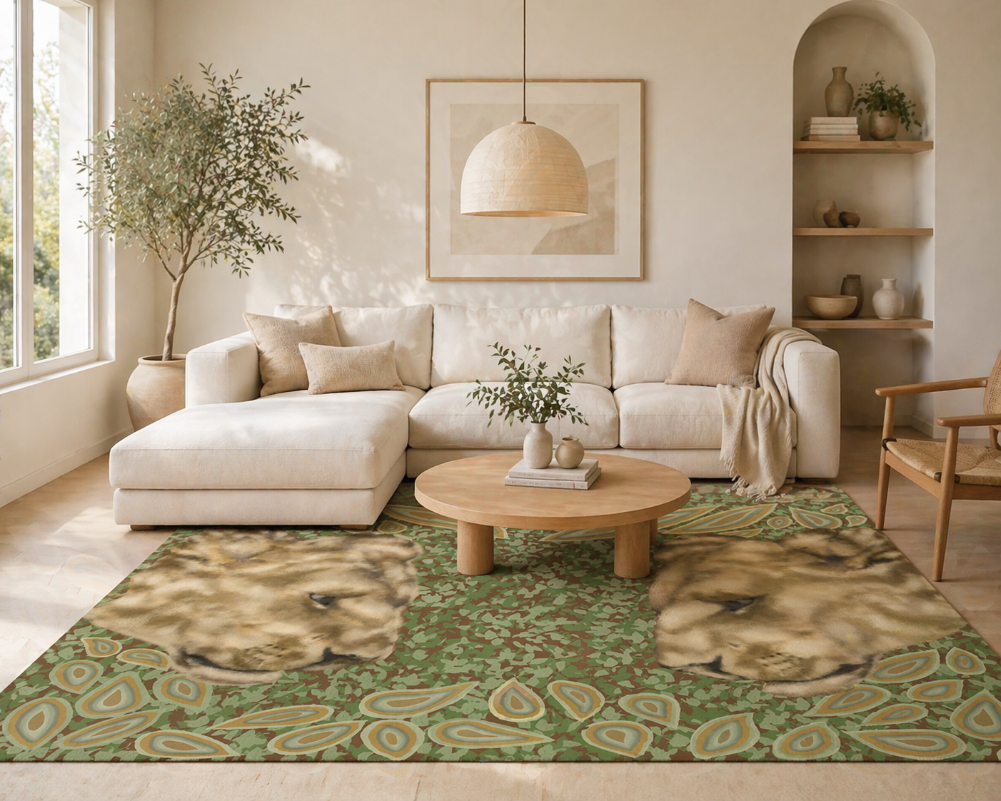 Living room with a white sofa, round wooden coffee table, and a green patterned rug.