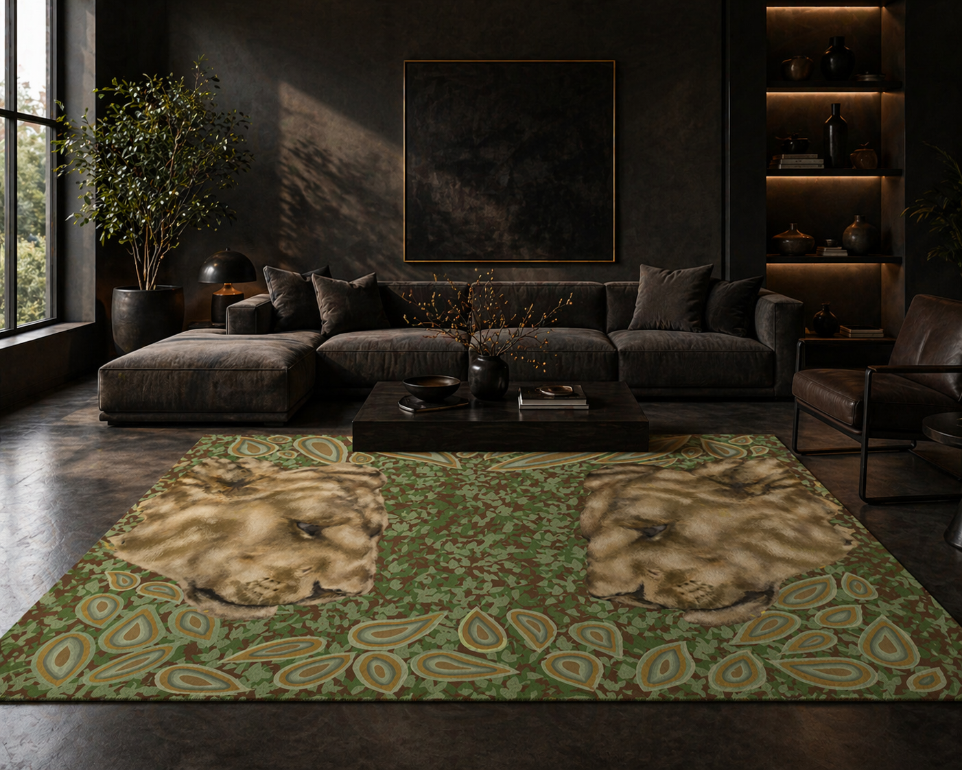 Living room with a large rug featuring lion designs, dark walls, and a sectional sofa.
