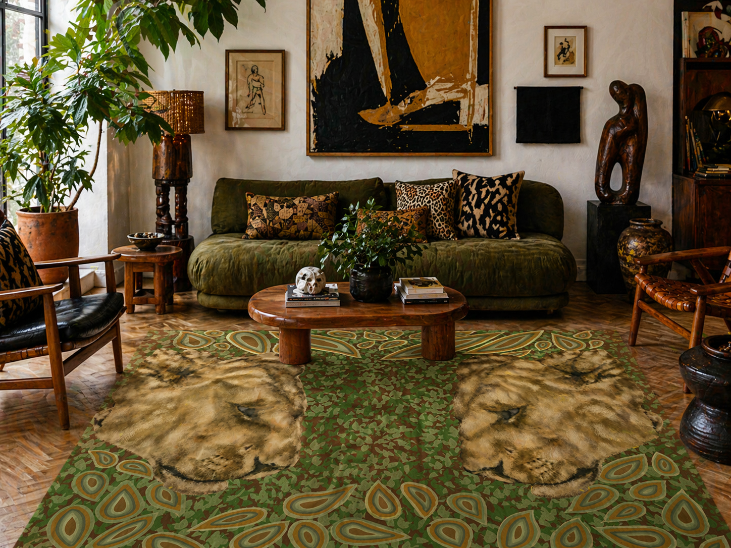 Wildlife Area Rug: Tiger In The Forest Botanical Statement Rug