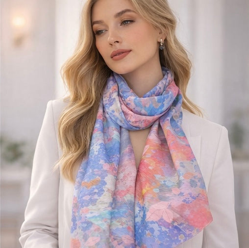 Woman wearing a colorful floral scarf in a blurred indoor setting
