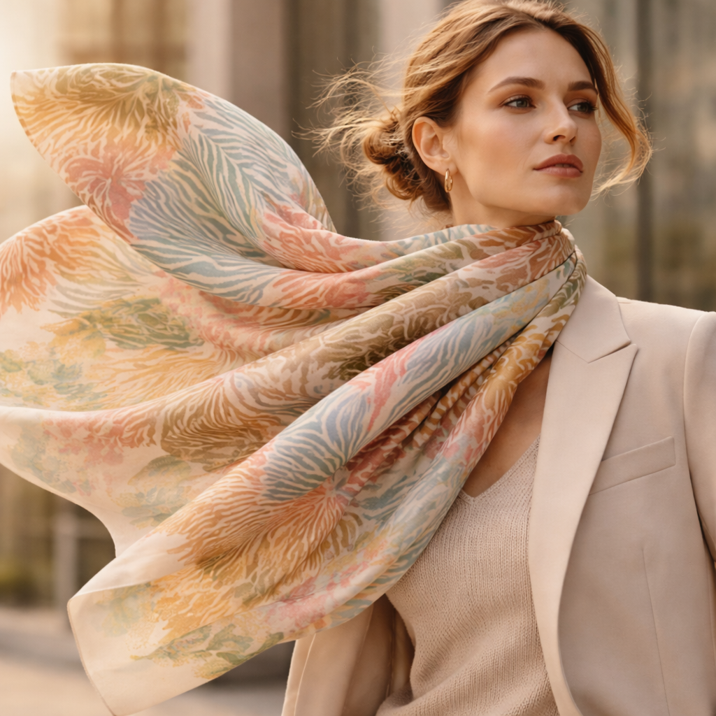 Woman wearing a MoirisArt botanical floral poly chiffon scarf