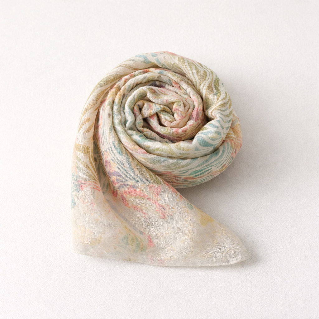 Rolled-up floral-patterned scarf on a white background