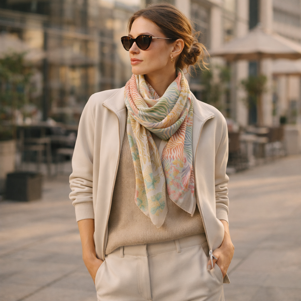 Coastal Botanical Poly Chiffon Scarf: Shells Embracing The Life Wearable Art