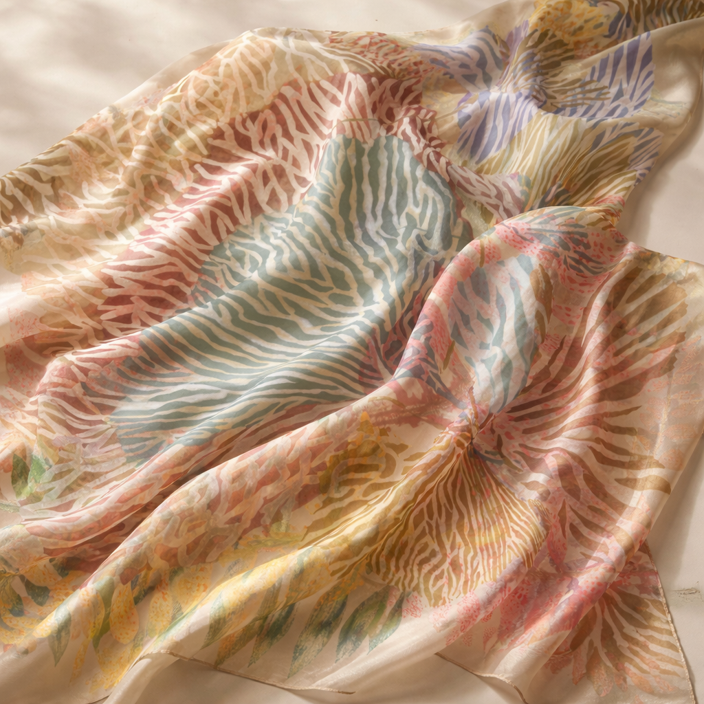 Colorful floral patterned fabric with a soft focus background