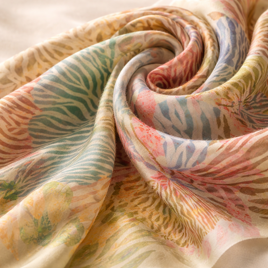 Coastal Botanical Poly Chiffon Scarf: Shells Embracing The Life Wearable Art