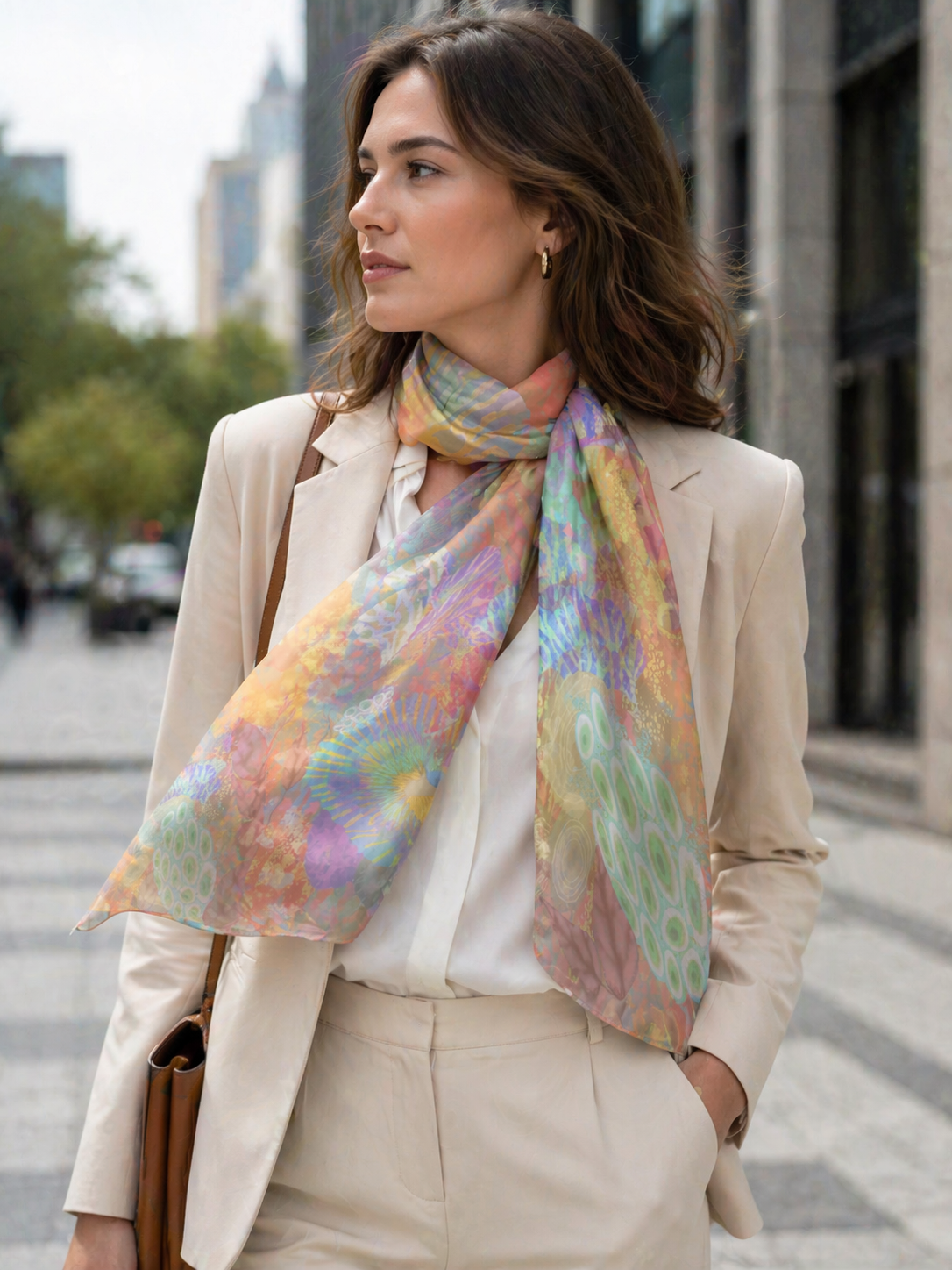 Woman wearing a MoirisArt colorful floral poly chiffon scarf