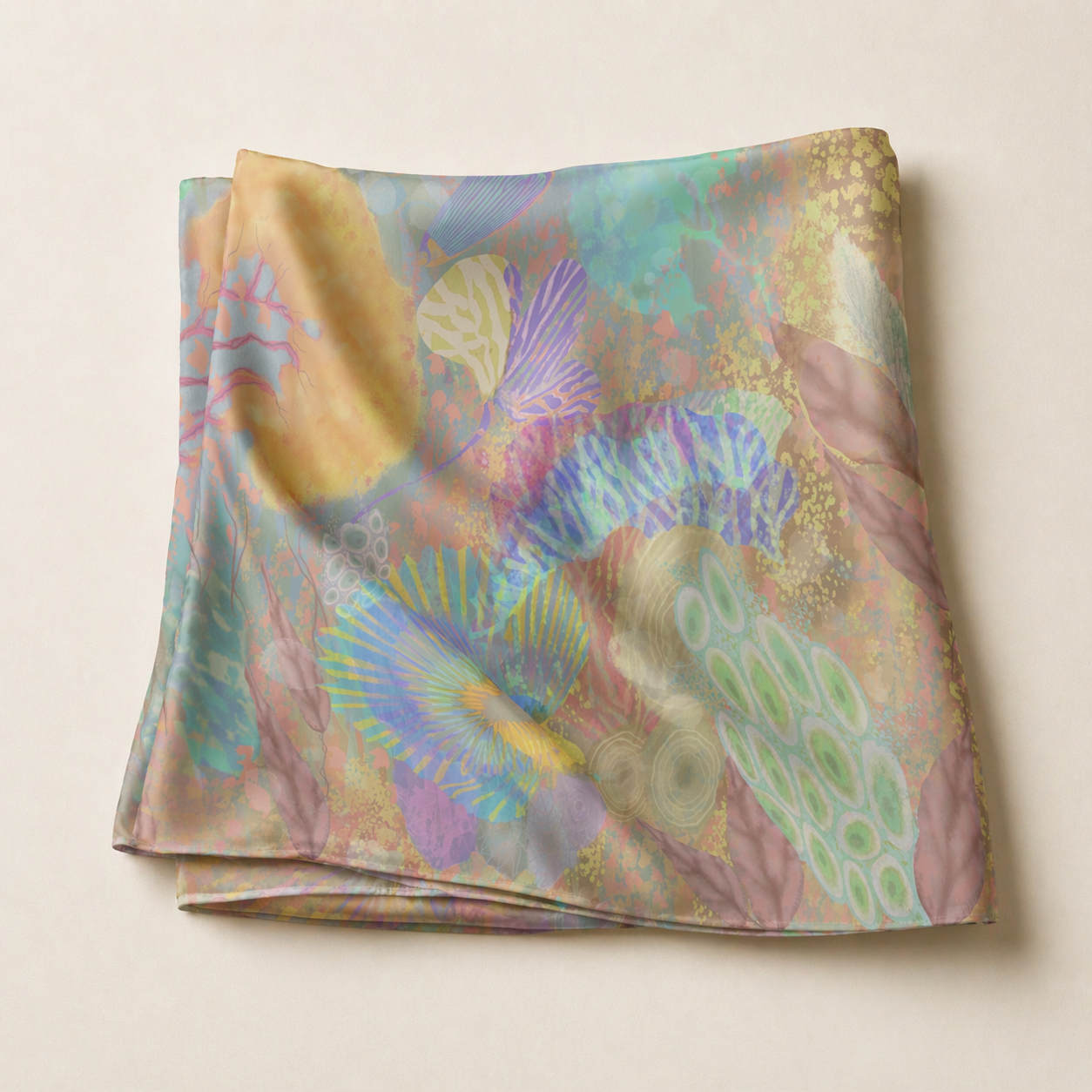 Folded fabric with colorful abstract pattern on a beige background