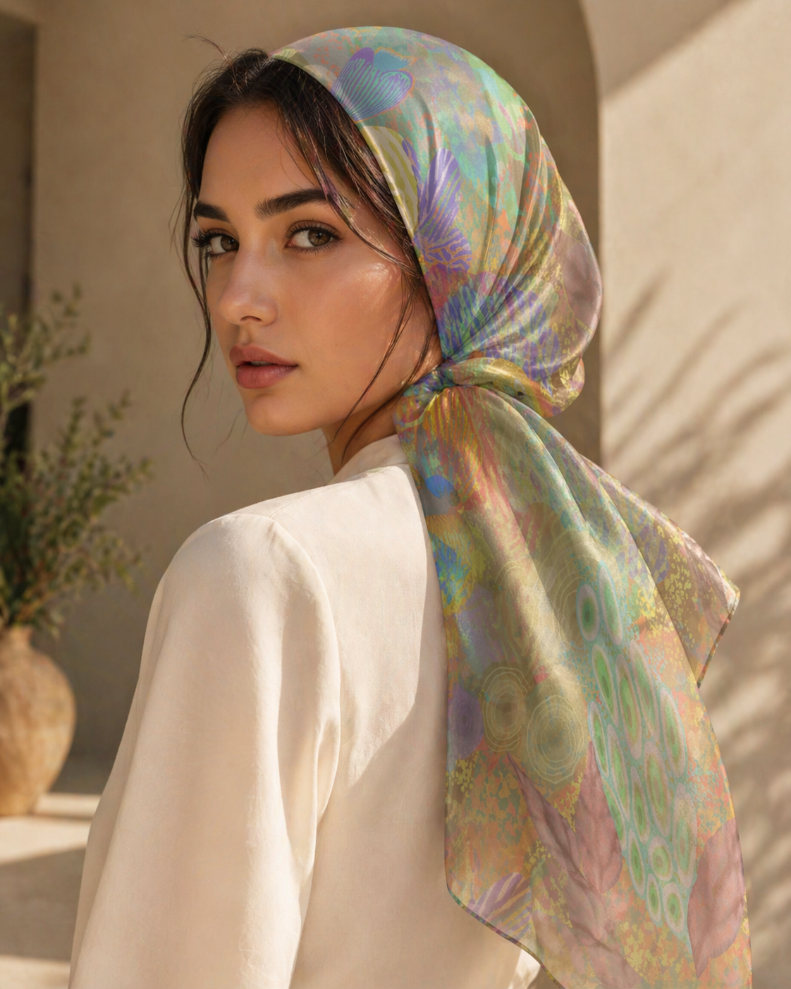 Woman wearing a colorful scarf with a neutral background
