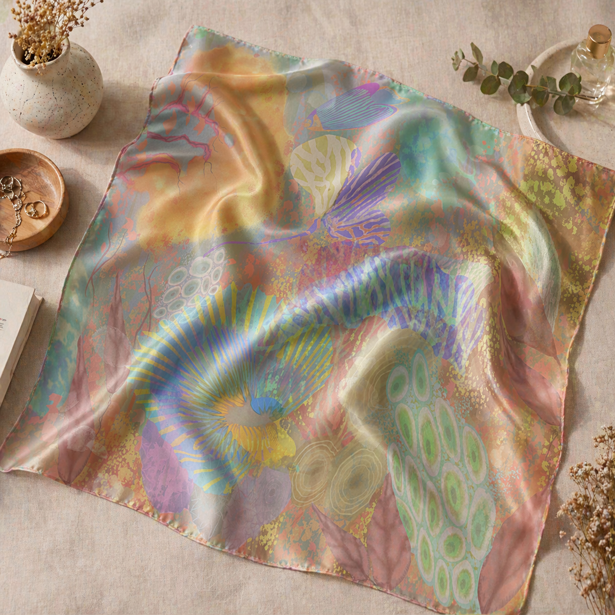 Colorful patterned fabric on a neutral background with decorative items.