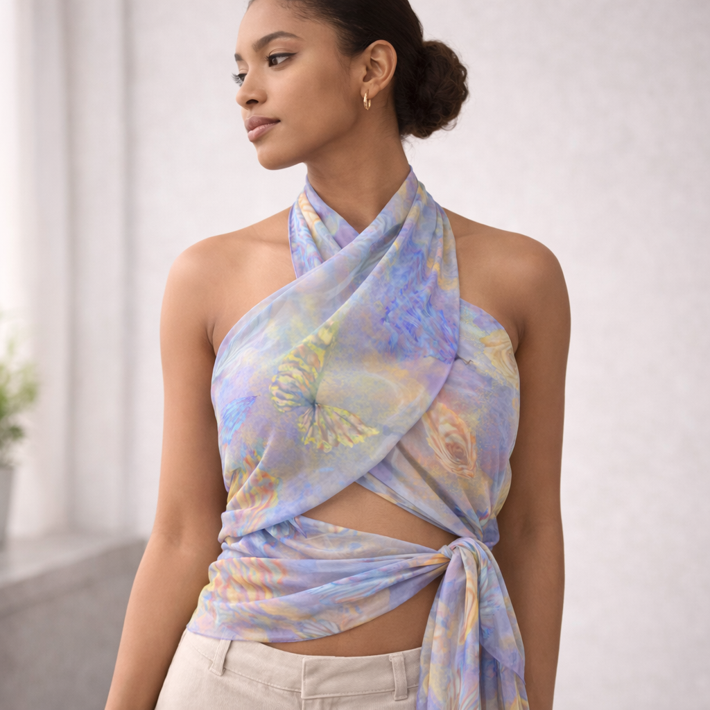 Woman wearing a colorful scarf as a top against a neutral background