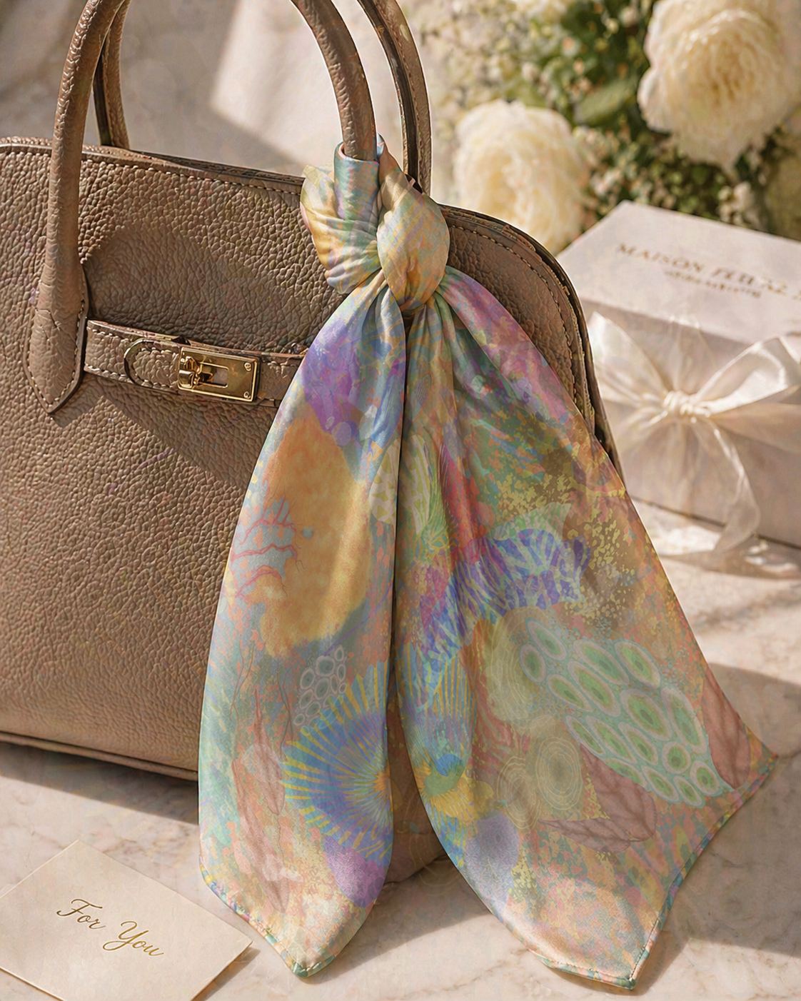 Colorful patterned scarf tied around a beige handbag with flowers and a card in the background.
