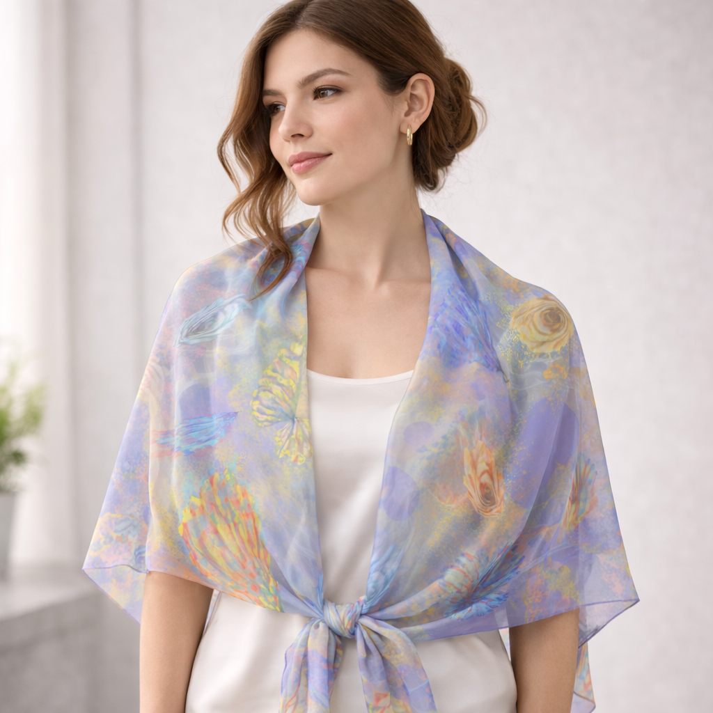 Woman wearing a MoirisArt purple floral poly chiffon scarf