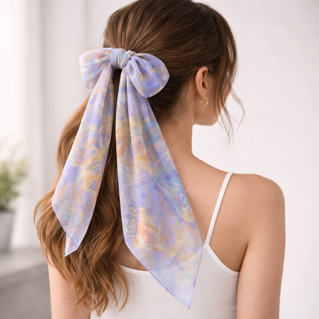Woman with a floral hair scarf tied in her hair against a white background