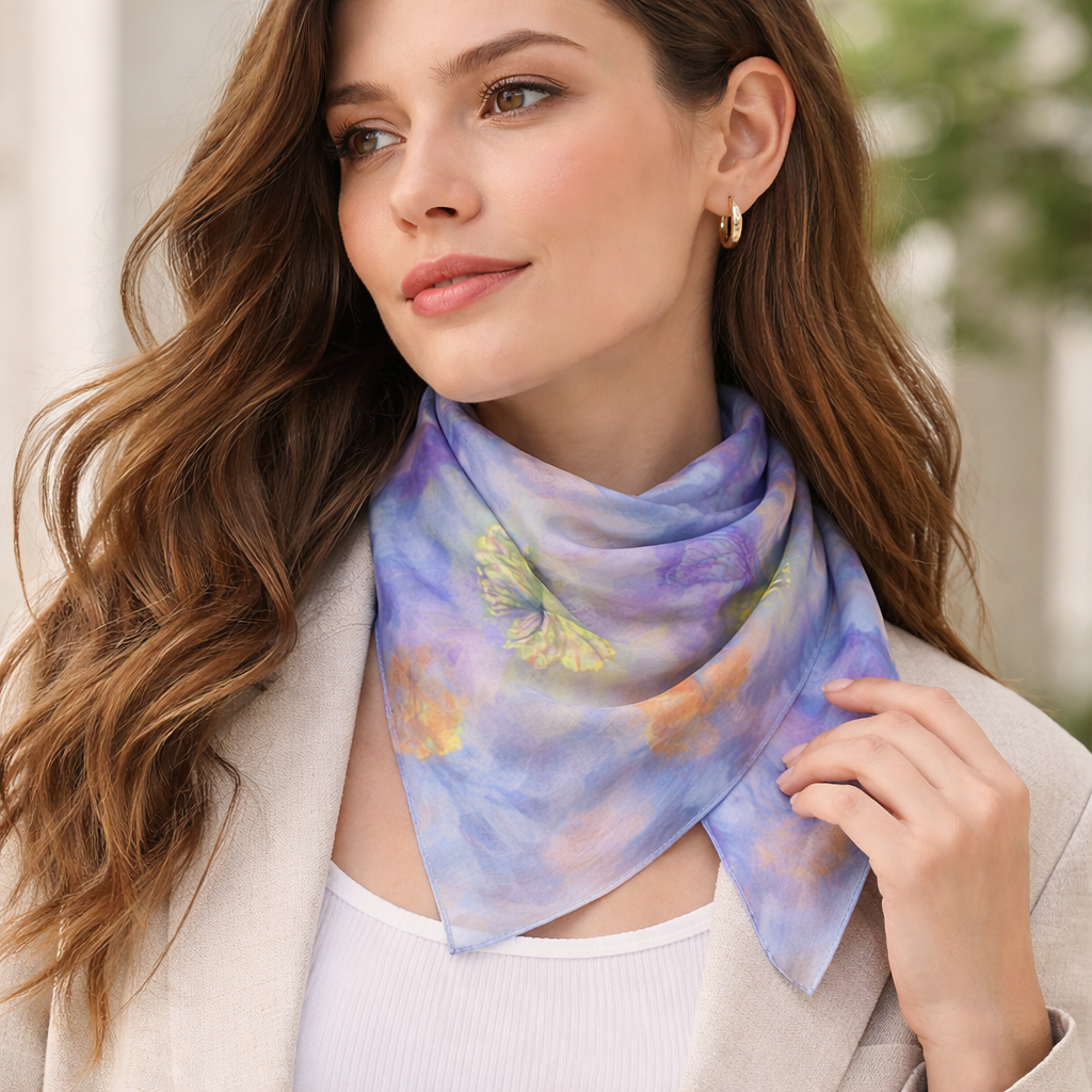 Woman wearing a MoirisArt purple floral poly chiffon scarf
