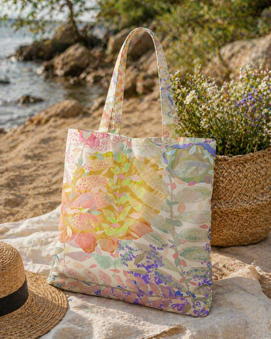 Botanical Art Tote Bag: The Flower and The Leaves Market & Beach Carryall