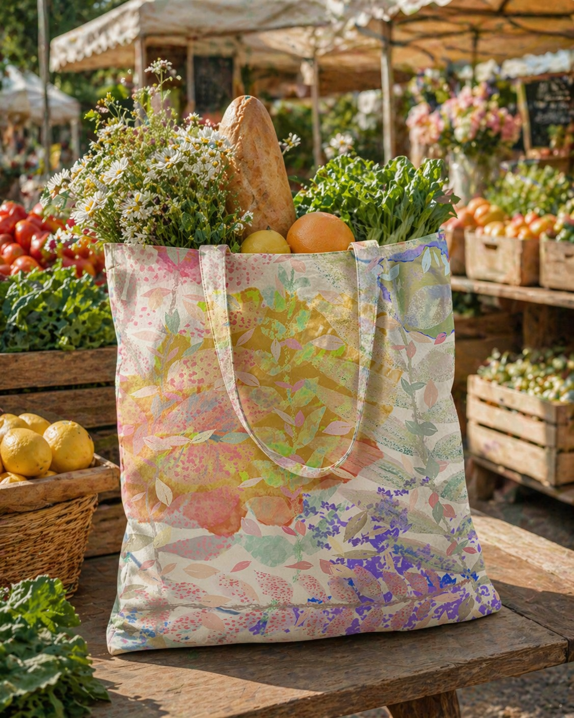 Reusable shopping bag with groceries at an outdoor market
