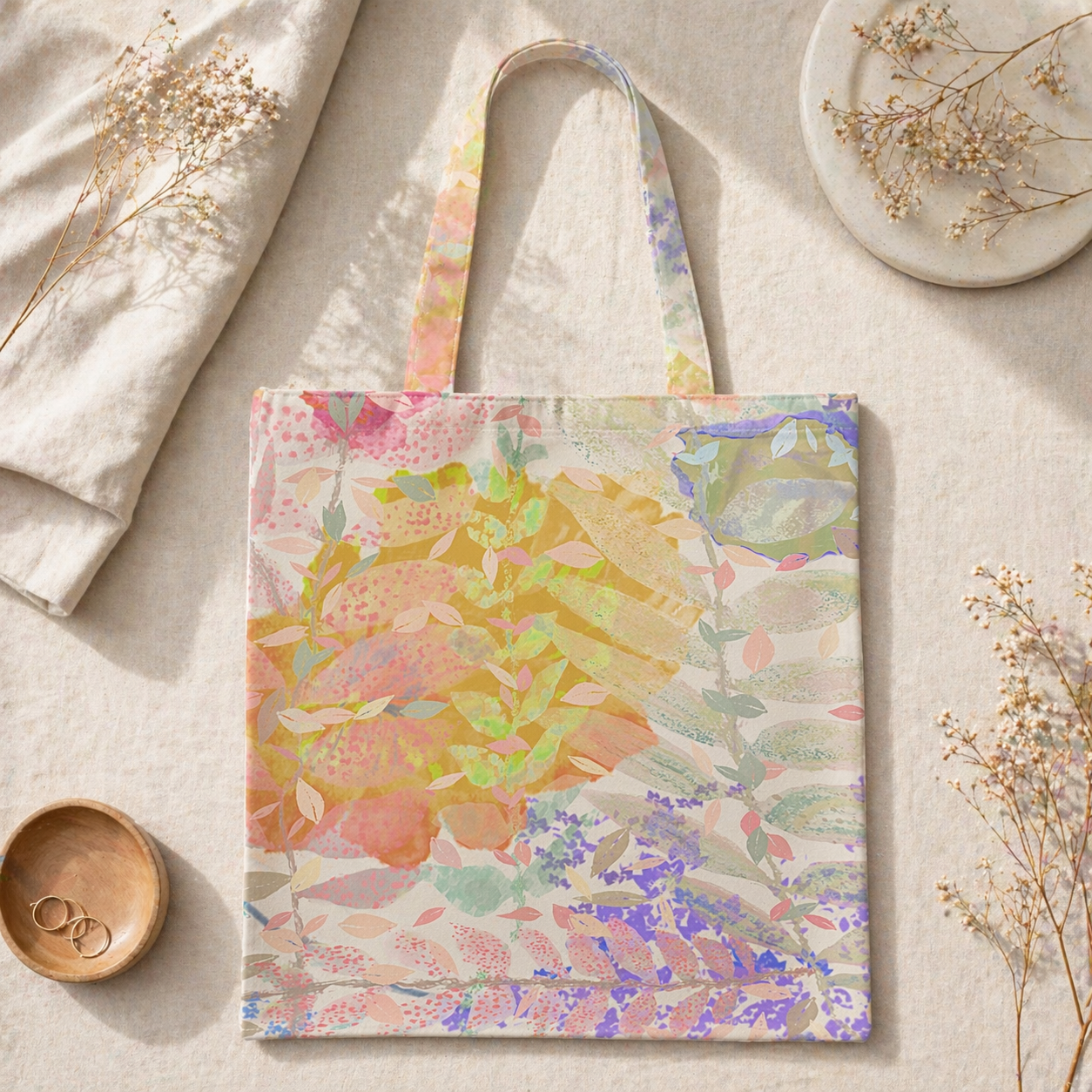 Floral patterned tote bag on a neutral background with dried plants.